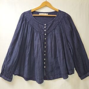 We The Free Navy Blue Smocked Button-Front Peasant Blouse